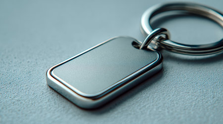 A polished metal tag rests on a rough-textured background, its minimalist design highlighted by gentle lighting that accentuates its clean lines and refined finish.の写真素材