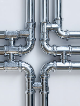 Reflective metal piping network displaying precision craftsmanship, set against a stark white backdrop, symbolizing advanced engineering and seamless industrial systの写真素材