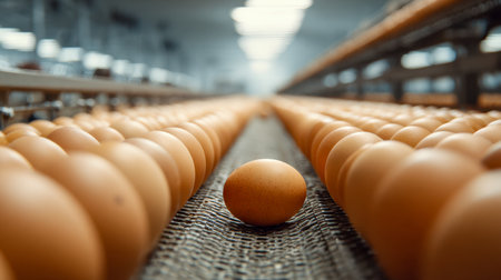 A solitary brown egg contrasts amid a precise lineup of light-colored eggs, illuminated by gentle lighting within a sleek, contemporary poultry plant.の写真素材