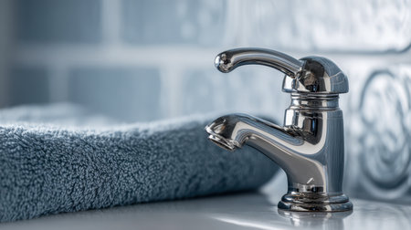 A sleek, reflective chrome fixture adorns a minimalist sink, complemented by a plush blue towel, with subtle decorative tiles enhancing the serene, contemporary vibeの写真素材