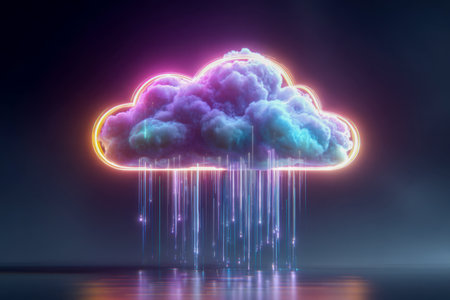 A luminous cloud with vivid neon edges casts a cascade of shimmering, colorful sparks onto a glossy surface amidst a mysterious, dreamlike sci-fi terrain.の写真素材