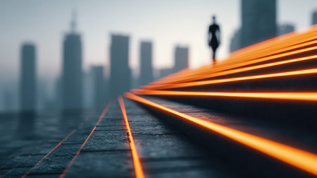 A solitary figure moves upward along glowing orange-lit stairs, contrasting sharply with the hazy...
