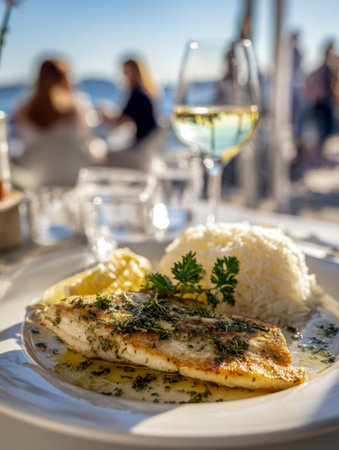 A succulent herb-crusted fish filet rests atop fluffy white rice, complemented by a zesty lemon wedge. a chilled glass of Chardonnay captures a seaside dining moment.の写真素材
