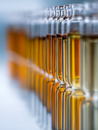 A sleek lineup of glass containers showcasing rich, glowing hues, their reflections forming a mesmerizing gradient of warm shades against a softly blurred backdrop.の写真素材