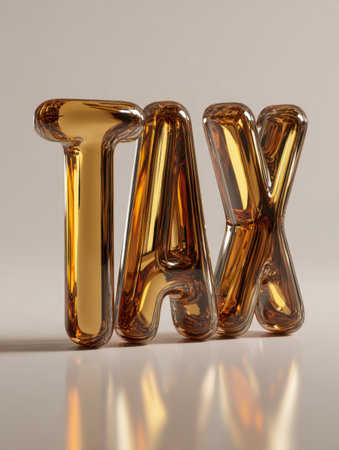 Bright amber glass characters spell out "tax," reflecting lifelike highlights on a polished surface, set against a gentle neutral backdrop, symbolizing finance and rの写真素材