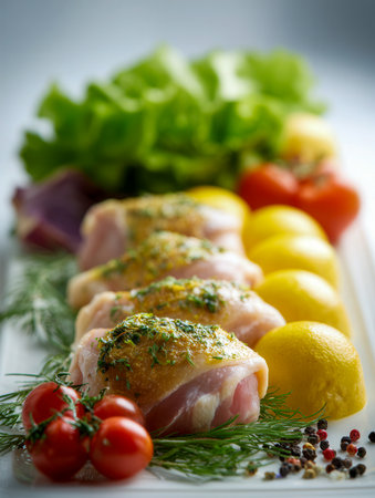 Juicy chicken thighs infused with aromatic herbs, accented by bright lemons, ripe cherry tomatoes, crisp greens, and vibrant peppercorns, ready for a flavorful meal prep.の写真素材