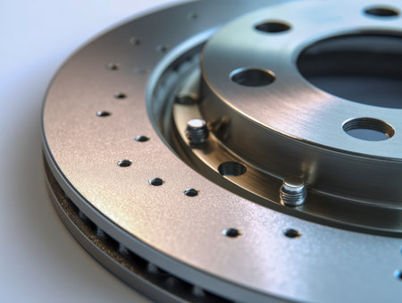 A precision-engineered metallic brake rotor featuring vented and drilled design for optimal heat dissipation, delivering reliable stopping power in high-speed applicationの写真素材