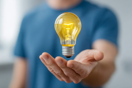 A relaxed individual in a blue casual shirt presents a luminous filament bulb, representing...