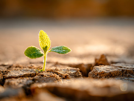 A delicate sprout pushes through parched earth, basking in gentle sunlight amid cracked terrain,...