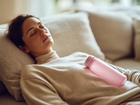 A serene young woman reclines peacefully on a cozy beige sofa, eyes shut in calm, dressed in a gentle turtleneck, clutching a delicate pink water bottle for soothingの写真素材