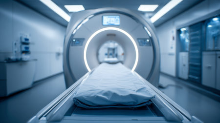 A sleek, high-tech mri scanner with a glowing ring sits silently in a well-lit medical suite, prepared for diagnostic imaging sessions amidst a clean, bright environment.の写真素材