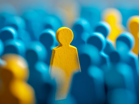 A bold yellow silhouette emerges amidst a sea of blue counterparts, highlighting distinction and confidence within a vibrant, focused setting.の写真素材