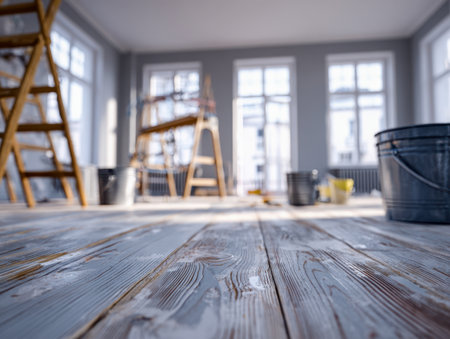 A sunlit, open-concept interior features fresh wooden flooring and sturdy ladders, capturing the dynamic energy of a vibrant home upgrade underway.の写真素材