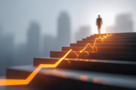 A professional man ascend a sleek staircase amid a contemporary cityscape, with luminous graphs highlighting progress and upward momentum reflecting achievement and ambitの写真素材