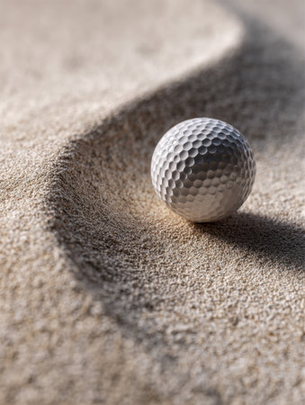 Soft sunlight accentuates the intricate textures of the sand while a pristine white ball sits nestled in a graceful curve, capturing the serene elegance of golf.の写真素材