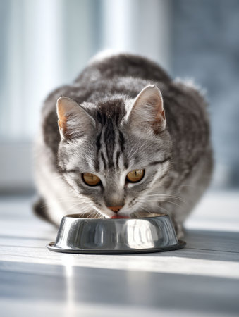 A sleek gray tabby feline with piercing amber eyes delicately laps water from a reflective metal dish, basking in warm sunlight on a comfortable indoor floor.の写真素材