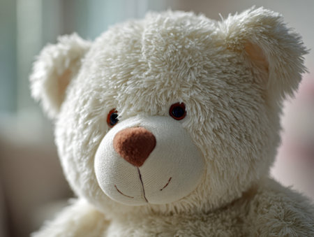 A gentle, plush white bear with a cozy texture rests quietly, its round nose and soft fur enhancing the inviting, intimate ambiance of a cozy indoor space.の写真素材