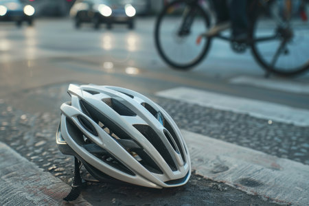 Bicyclist helmet and bike on city road after car collision, close-up photo in high resolutionの写真素材