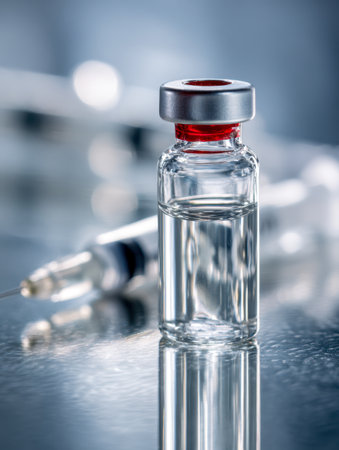 A precision-crafted glass container holding a transparent solution, with a softly blurred injection device mirrored on a sleek metallic surface in a sterile environment.の写真素材