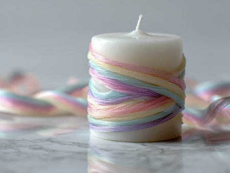 A minimalist centerpiece featuring a sleek white candle adorned with delicate pastel-hued threads,...