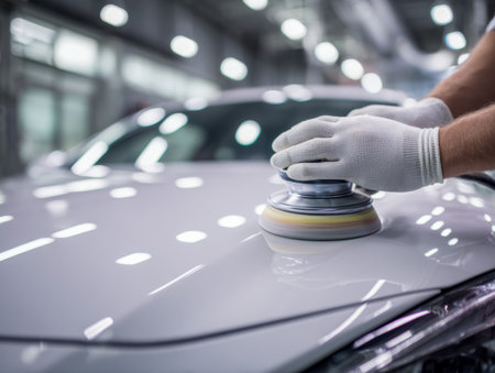 A proficient technician operates a polishing tool with safety gloves, bringing out a brilliant shine on a silver vehicle's hood within a well-lit, professional worksの写真素材