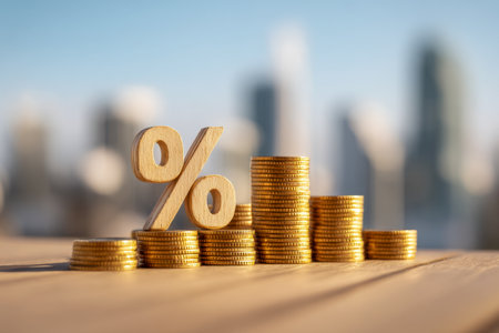 A sequence of shimmering coins rising in height against a city skyline backdrop, with a rustic wooden icon symbolizing growth and success in finance.の写真素材