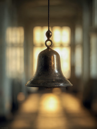 An antique metal bell suspends from a spiraled cord within a cozy space, where gentle light spills...
