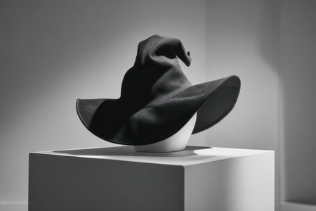 A playful black witch's hat with an exaggerated wide brim and pointed crown sits elegantly on a sleek white stand, illuminated by gentle, moody lighting in a clean, minimの写真素材