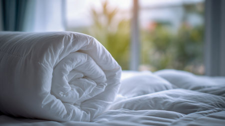 Sunlit room featuring a pristine bed with a plush, white rolled comforter, framed by soft natural glow and lush greenery in the distance, evoking serenity and warmth.の写真素材