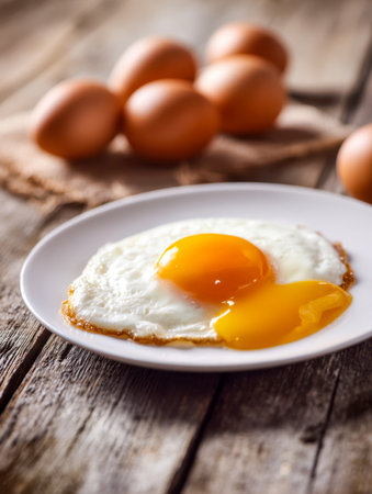 Crispy edges and golden centers of sunny-side-up eggs rest on a pristine white plate, complemented by ripe brown eggs and a weathered wooden surface perfect for cozy mornの写真素材
