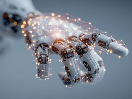 A sleek, high-tech robotic limb featuring glowing connection nodes symbolizes cutting-edge ai integration and the evolution of digital communication networks.の写真素材