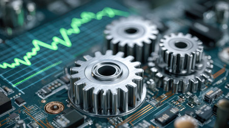 Sharp metallic cogs embedded in a high-tech circuit, highlighted by a vibrant green wave,...