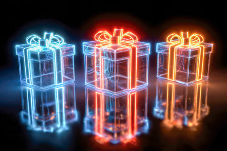 Illuminated clear boxes wrapped in vivid neon blue and orange ribbons cast colorful reflections on a...