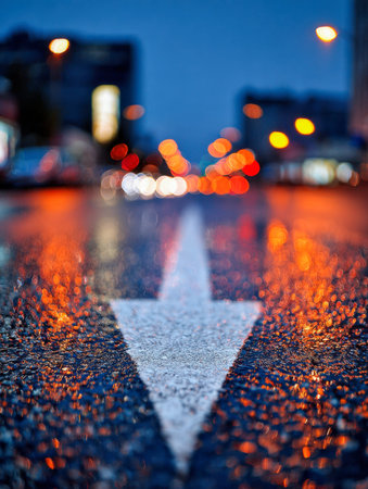 A glossy street glistens under neon hues, with a stark white arrow pointing downward, mirroring...