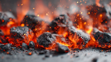 Warm, flickering flames and shimmering sparks illuminate a bed of smoldering coals, radiating fierce orange and red hues against a shadowy backdrop.の写真素材