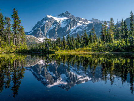 A tranquil mountain scene features towering, icy peaks reflected perfectly in a calm lake, edged by vibrant evergreens beneath a bright, cloudless sky.の写真素材