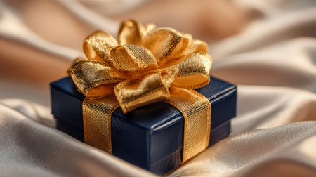 A luxurious navy blue present adorned with a gleaming gold ribbon and bow, gracefully placed on silky beige satin, evoking elegance for festive celebrations.の写真素材