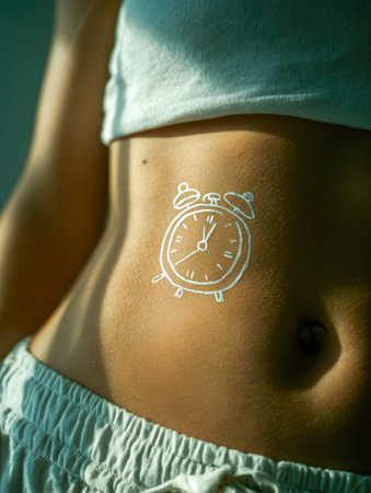 A creative illustration of a vintage alarm clock sketched on a toned midriff, highlighting the synergy between mindfulness, time management, and body consciousness oの写真素材