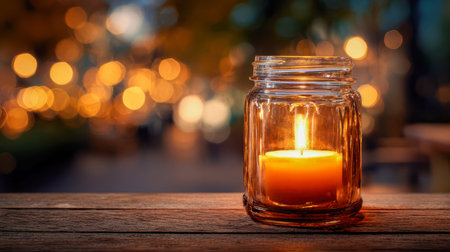 A flickering flame emits gentle warmth within a clear jar, resting on textured wood amid blurred...
