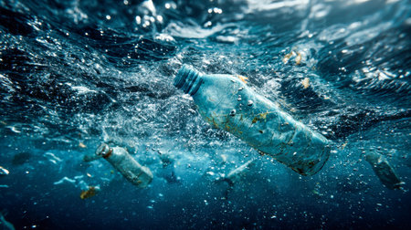 Plastic waste drifts through turbulent waters, surrounded by shimmering bubbles and shifting currents, symbolizing the urgent crisis facing marine ecosystems.の写真素材