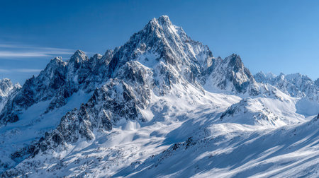 Towering, frosty summits pierce the crisp winter sky, their jagged edges illuminated by sunlight, creating stark shadows over the untouched snowfield below.の写真素材