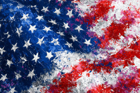 Vibrant brushstrokes merge bold reds and blues, accented by crisp white stars and stripes, creating an energetic, artistic homage to national pride.の写真素材