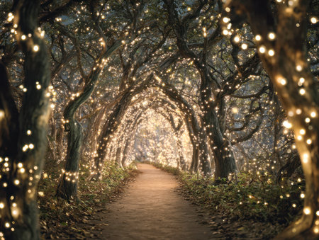 A mystical woodland trail glows with countless twinkling lights, casting a dreamy ambiance as gnarled trees frame the enchanting descent into twilight wonder.の写真素材