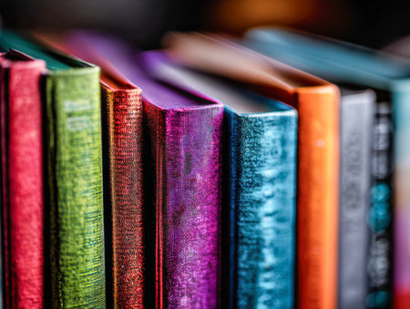 A vivid collection of tightly packed hardcover volumes featuring textured covers, creating a warm, inviting space perfect for enjoying a peaceful reading session.の写真素材