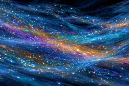 A captivating cosmic flow of luminous stars and vivid streaks of light weave through an enigmatic deep blue universe, shimmering with particles and celestial vitalitの写真素材