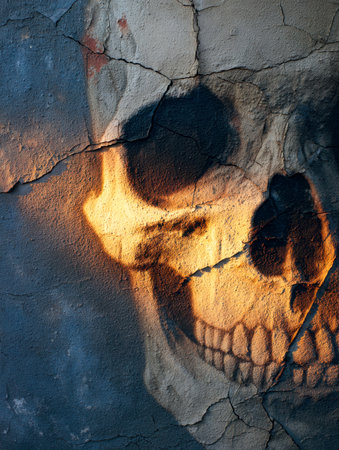A highly detailed skull portrait bathed in amber glow, set against a rough, fractured wall with deep shadows and layered paint peeling, evoking gritty urban art.の写真素材