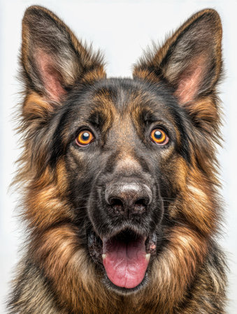 A joyful German shepherd with sparkling eyes and a playful expression, showing its lush fur and intricate facial markings against a clean white backdrop.の写真素材