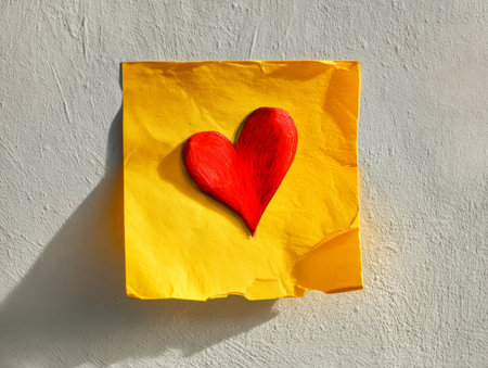 A cheerful, hand-sketched crimson heart rests on a wrinkled yellow sticky note, casting gentle shadows on a textured white wall illuminated by bright daylight.の写真素材
