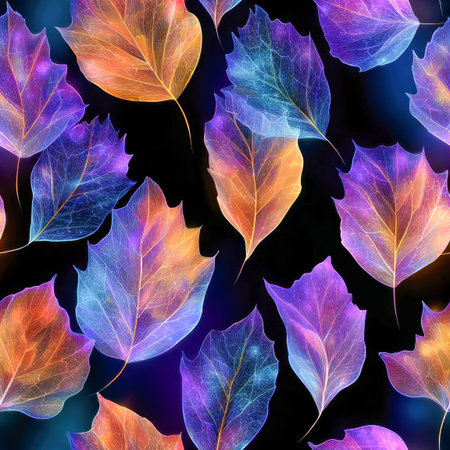 Luminous leaves in rich purple, vivid blue, and fiery orange hues showcase delicate vein details, set against a sleek dark backdrop, perfect for autumn-inspired visuの写真素材