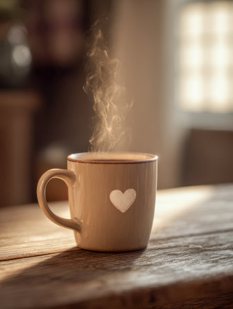 A charming, heart-decorated ceramic cup brimming with steaming warmth, basking in gentle morning sunlight on a textured wooden surface inside a cozy home.の写真素材